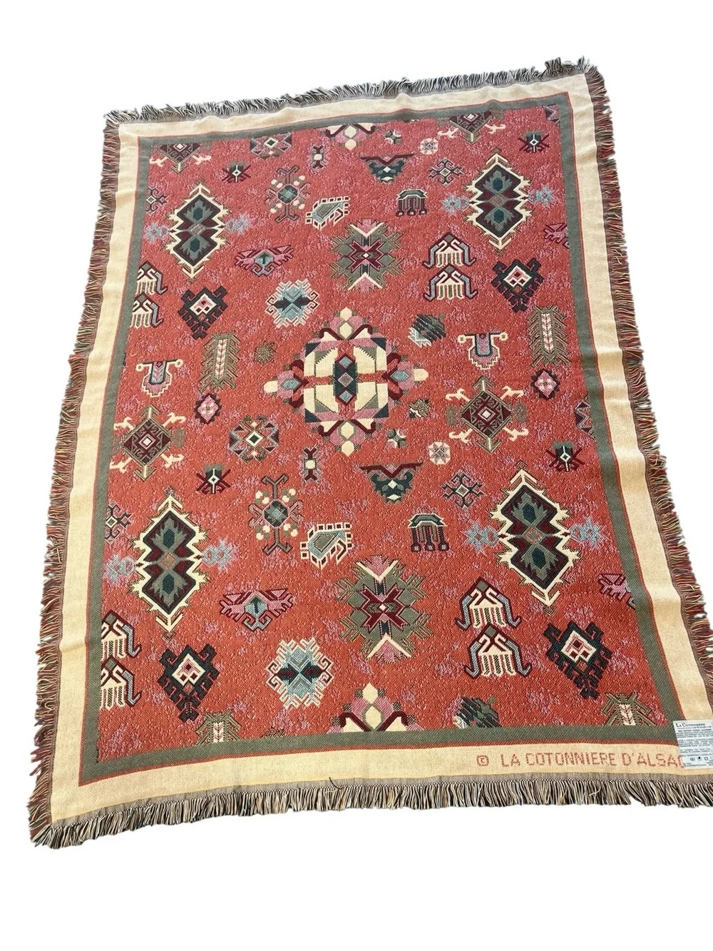 Vintage La Cotonniere D'Alsace Aztec Southwest Tapestry Throw Blanket USA